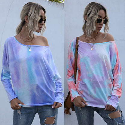 Tie-Dye Bat Sleeve Top with Off-Shoulder Neckline