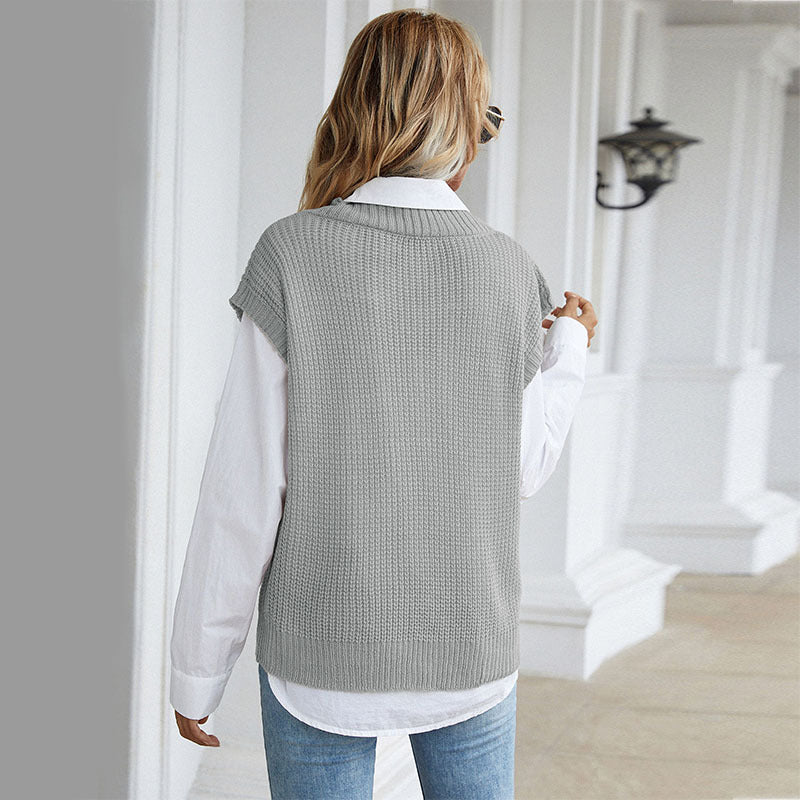 Loose V-Neck Knitted Sweater Vest with Ribbed Trim