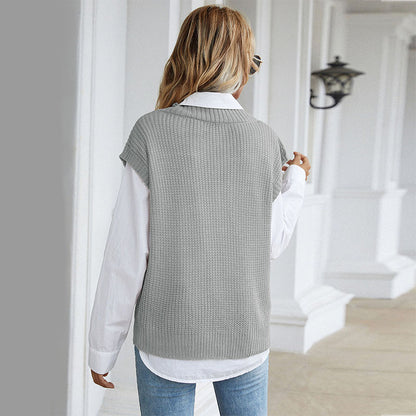 Loose V-Neck Knitted Sweater Vest with Ribbed Trim