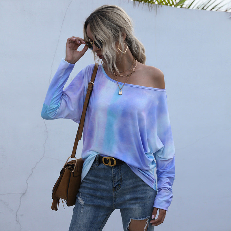 Tie-Dye Bat Sleeve Top with Off-Shoulder Neckline