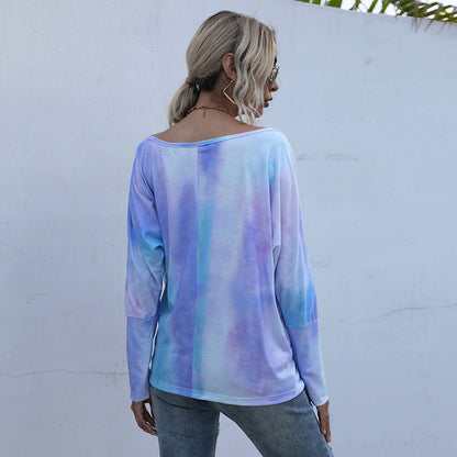 Tie-Dye Bat Sleeve Top with Off-Shoulder Neckline