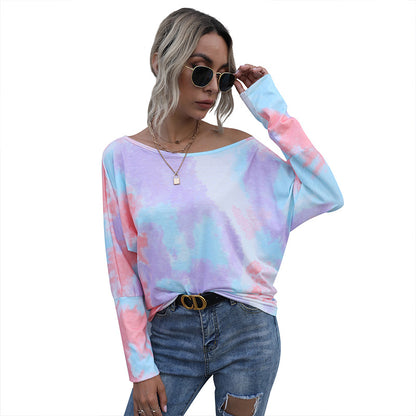 Tie-Dye Bat Sleeve Top with Off-Shoulder Neckline