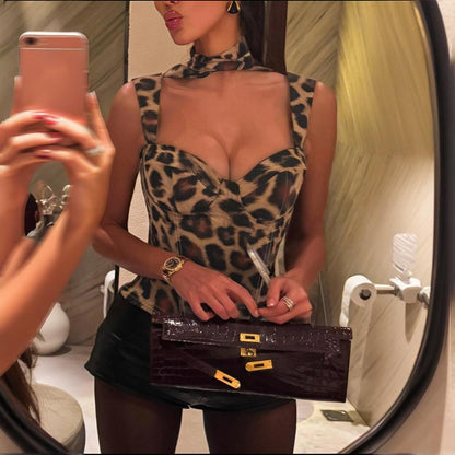 Leopard Print Bustier Top with Matching Neck Ribbon