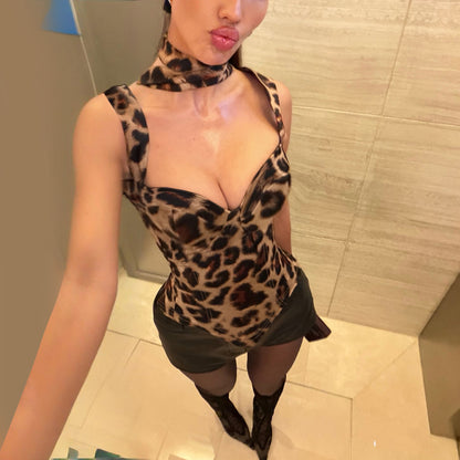 Leopard Print Bustier Top with Matching Neck Ribbon