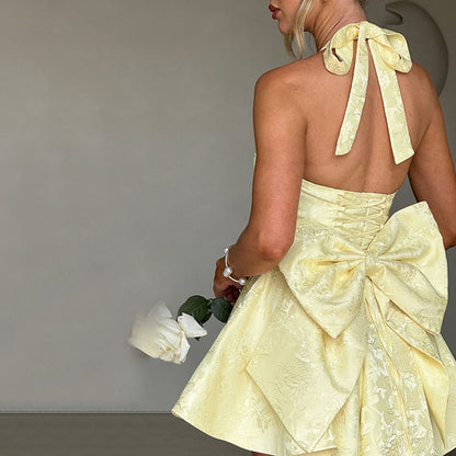 Jacquard Halter Mini Dress with Oversized Back Bow