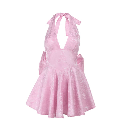 Jacquard Halter Mini Dress with Oversized Back Bow