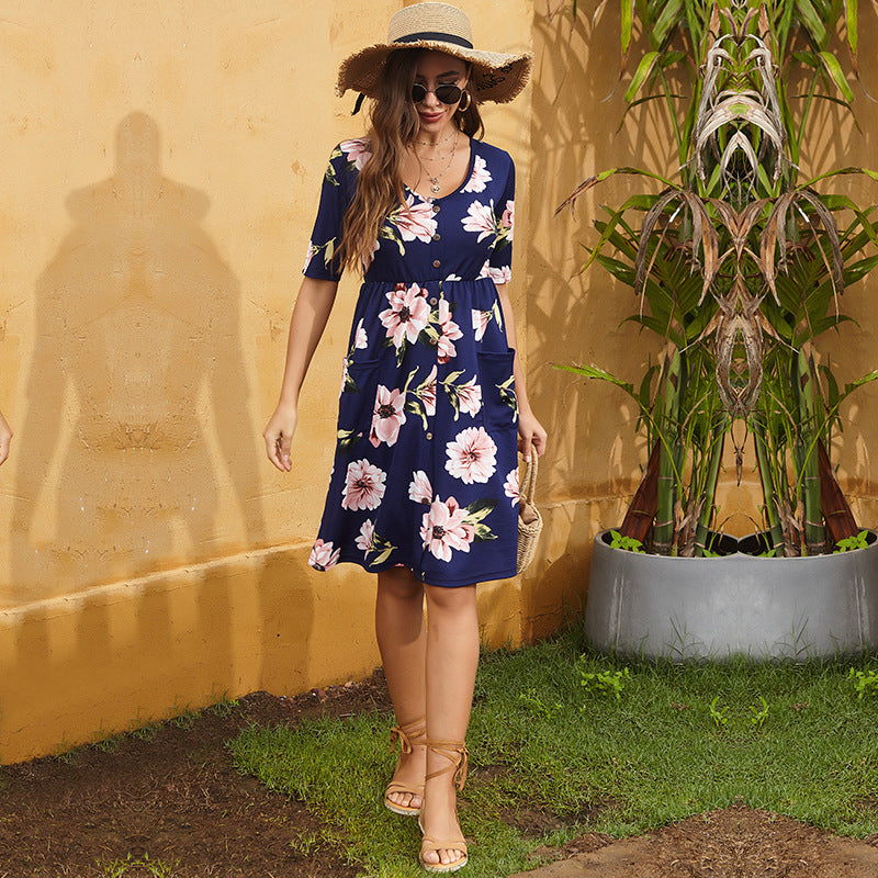 Printed A-Line Dress with V-Neck and Button Front