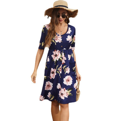 Printed A-Line Dress with V-Neck and Button Front