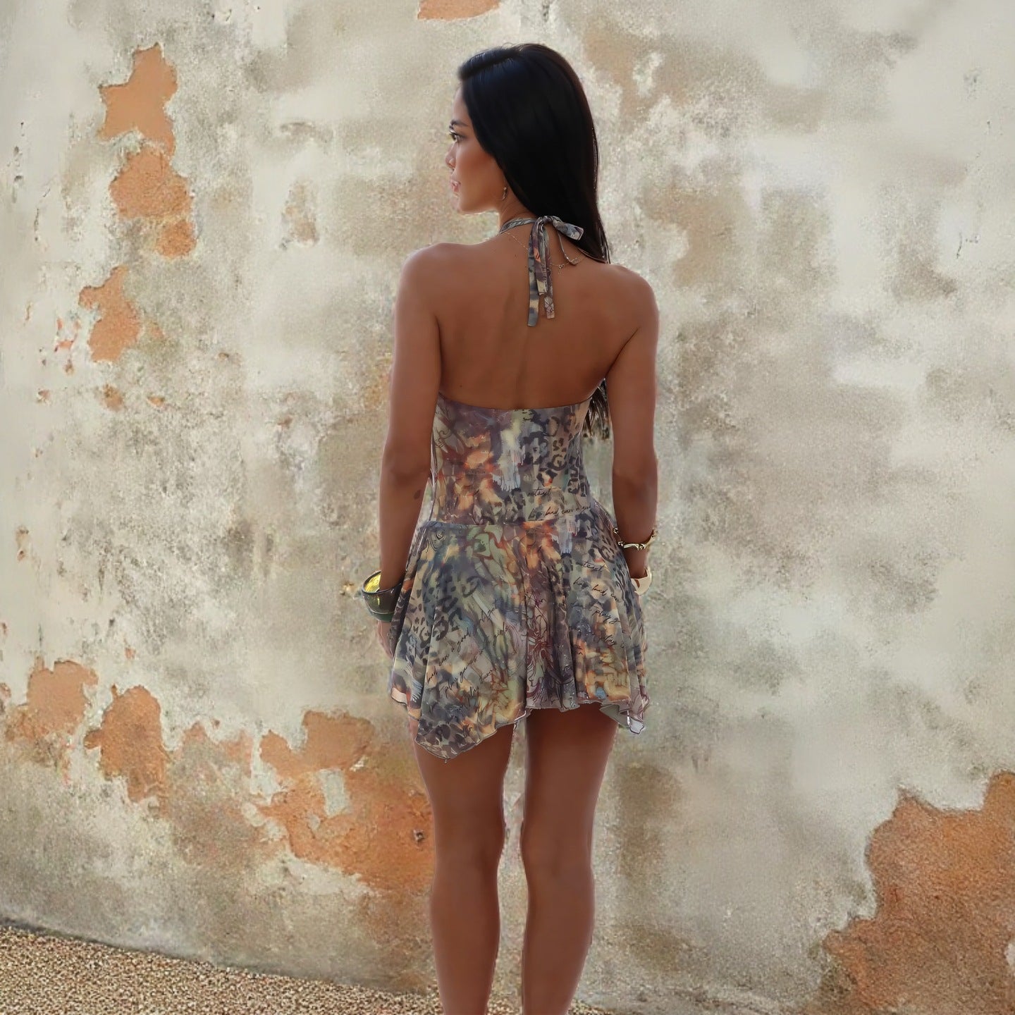 Deep V Lace-Up Backless Halter Dress Asymmetrical Printed Short Skirt
