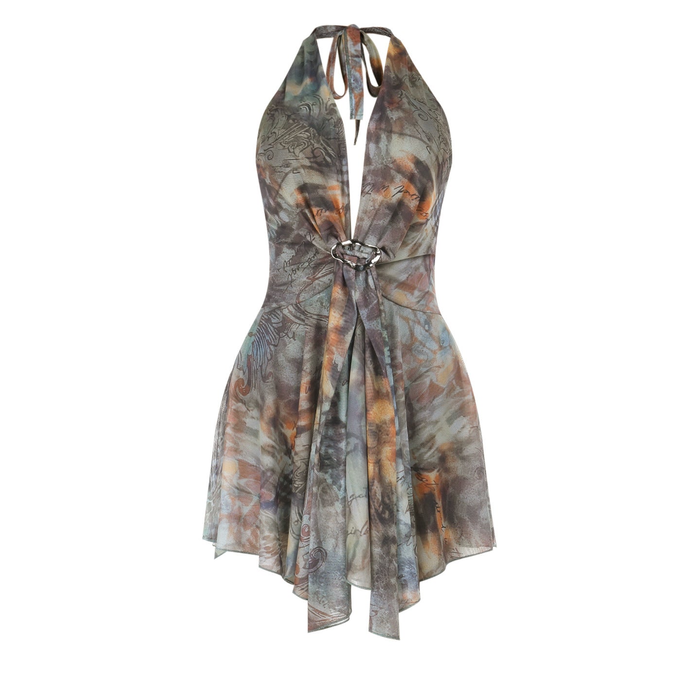 Deep V Lace-Up Backless Halter Dress Asymmetrical Printed Short Skirt