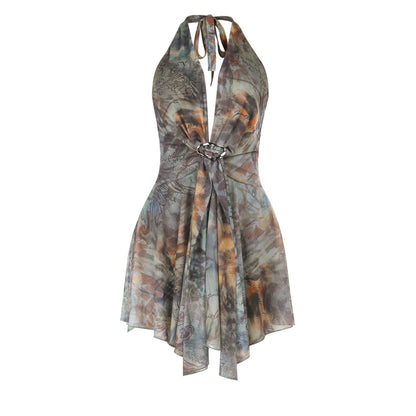 Deep V Lace-Up Backless Halter Dress Asymmetrical Printed Short Skirt