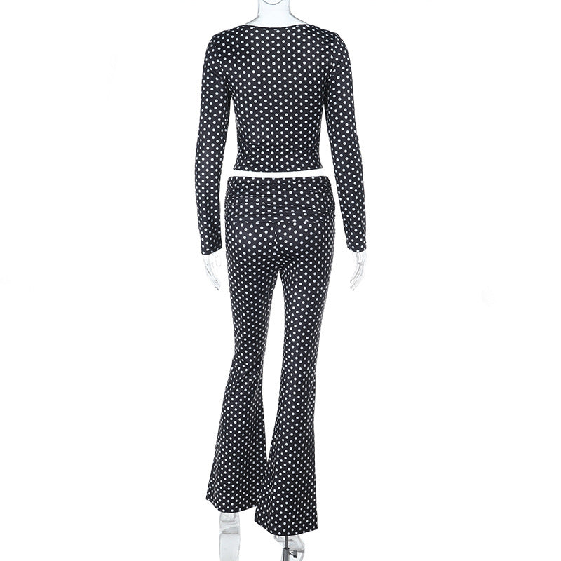Solid Color Long Sleeve Slim-Fit Top Pants Set Black