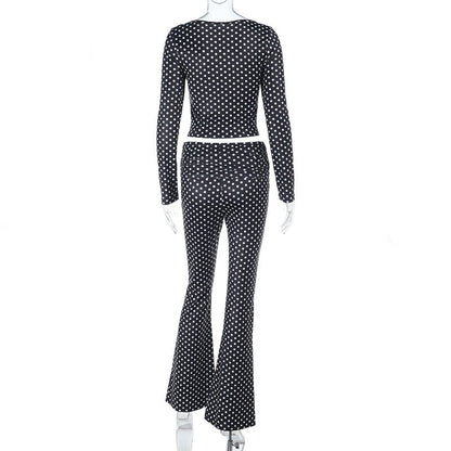 Solid Color Long Sleeve Slim-Fit Top Pants Set Black