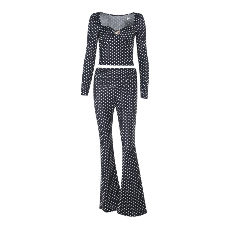 Solid Color Long Sleeve Slim-Fit Top Pants Set Black