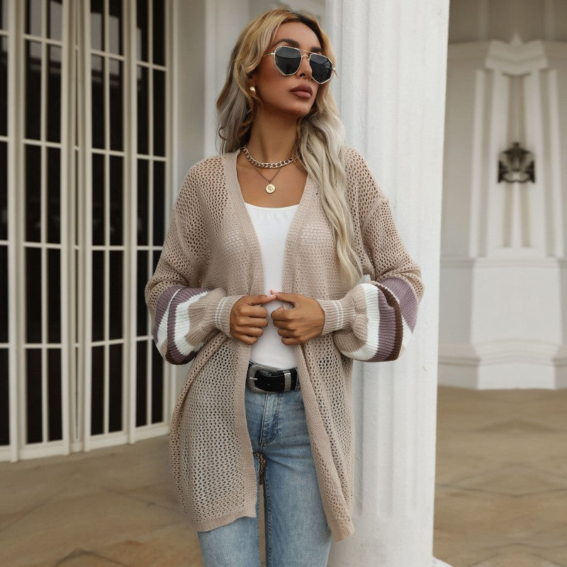 Loose Hollow Mesh Cardigan with Color-Block Bat Sleeves