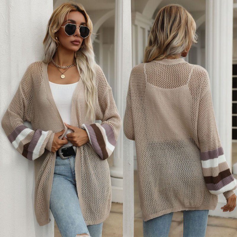 Loose Hollow Mesh Cardigan with Color-Block Bat Sleeves