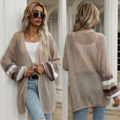 Loose Hollow Mesh Cardigan with Color-Block Bat Sleeves