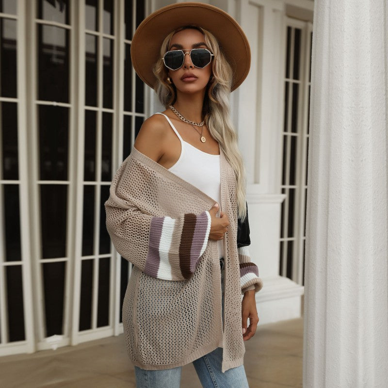 Loose Hollow Mesh Cardigan with Color-Block Bat Sleeves