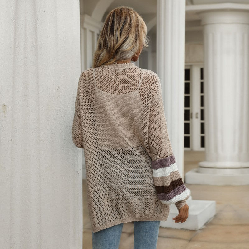 Loose Hollow Mesh Cardigan with Color-Block Bat Sleeves