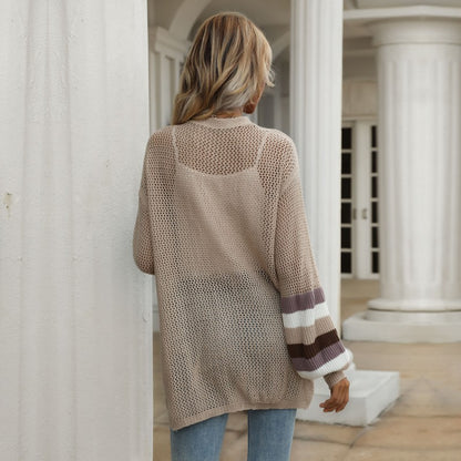 Loose Hollow Mesh Cardigan with Color-Block Bat Sleeves