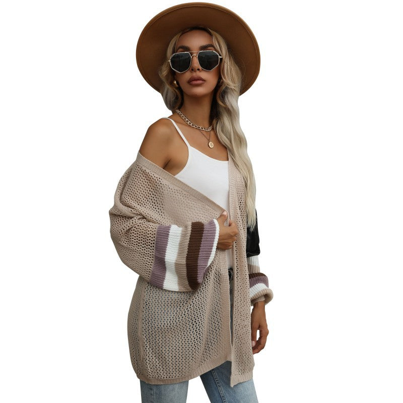 Loose Hollow Mesh Cardigan with Color-Block Bat Sleeves