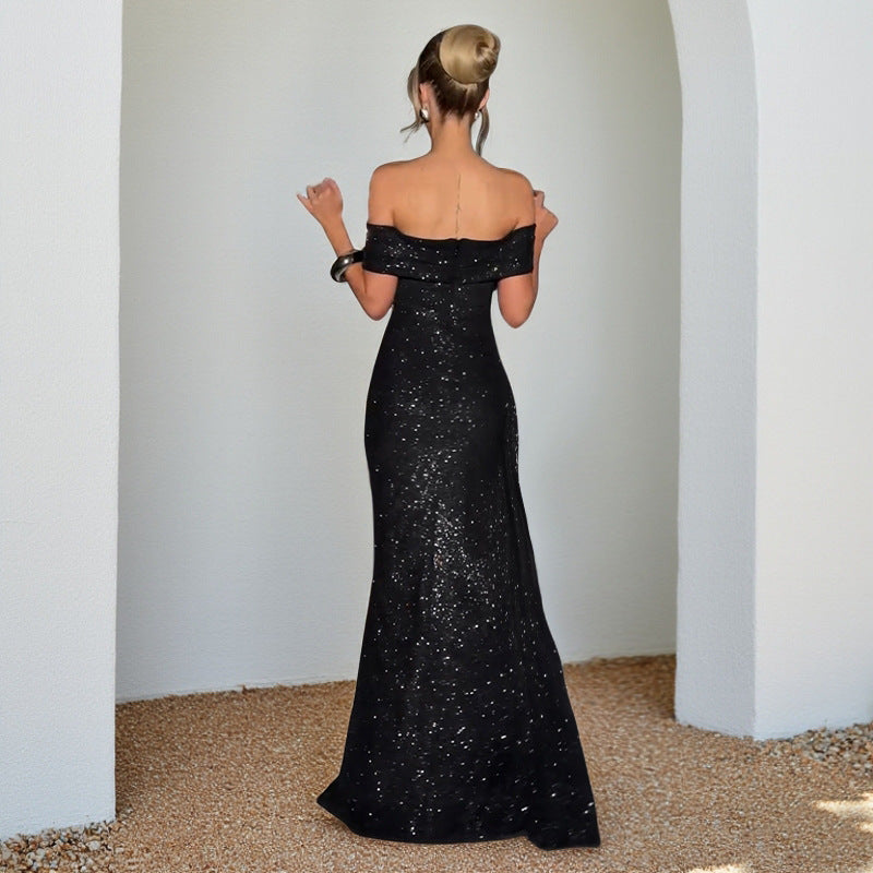 Sparkling Off-the-Shoulder Bodycon Maxi Dress with High Slit
