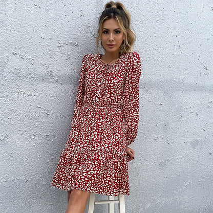 Leopard Print A-Line Mini Dress with Tie Neck and Long Sleeves