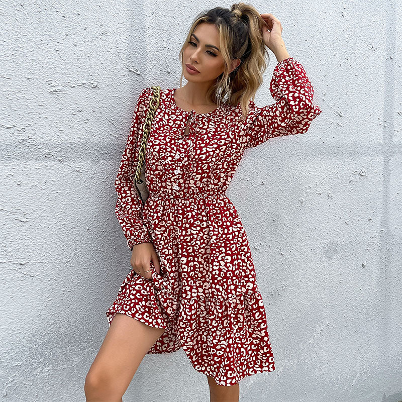 Leopard Print A-Line Mini Dress with Tie Neck and Long Sleeves