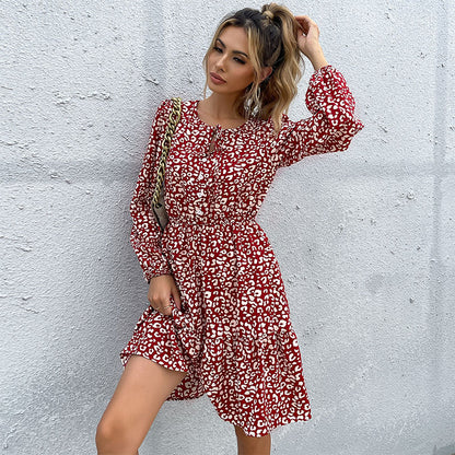 Leopard Print A-Line Mini Dress with Tie Neck and Long Sleeves