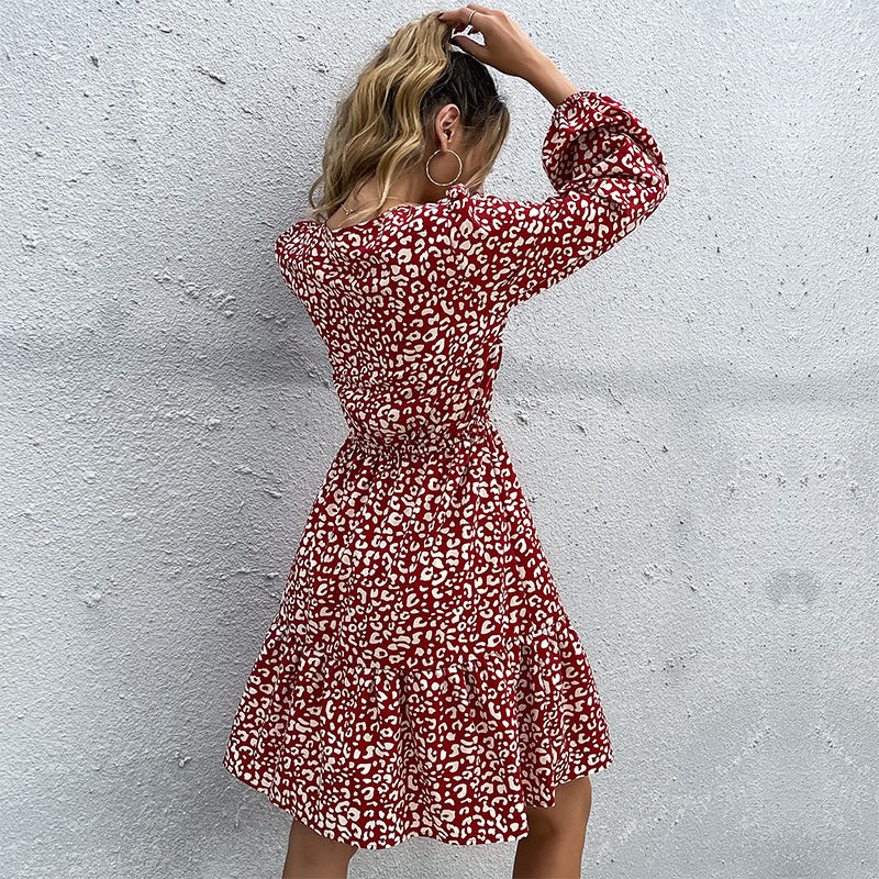 Leopard Print A-Line Mini Dress with Tie Neck and Long Sleeves