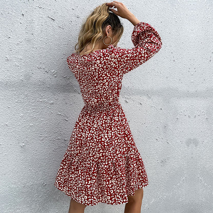 Leopard Print A-Line Mini Dress with Tie Neck and Long Sleeves