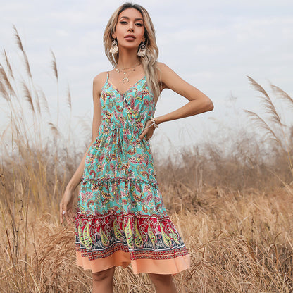 Tiered Paisley Print Mini Dress with V-Neck and Spaghetti Straps