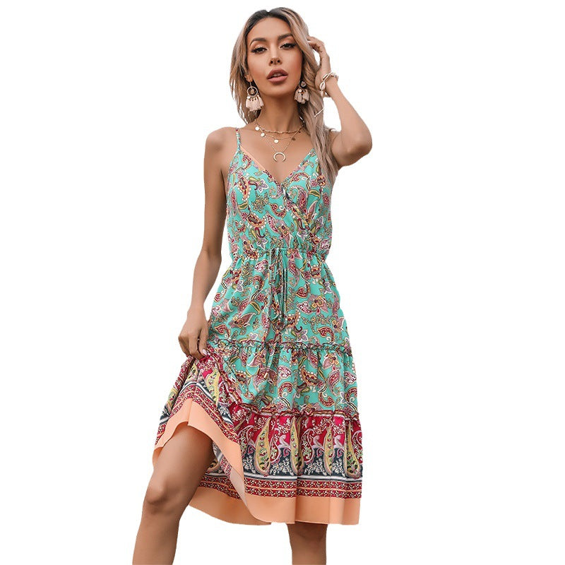Tiered Paisley Print Mini Dress with V-Neck and Spaghetti Straps