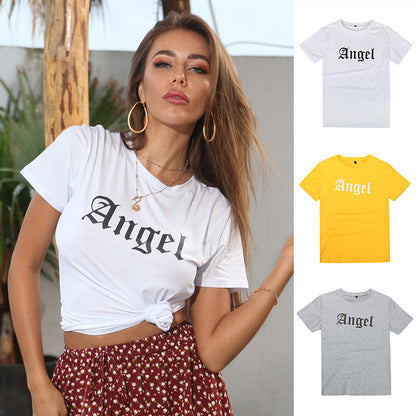 Angel Letter Print Crewneck T-Shirt with Short Sleeves