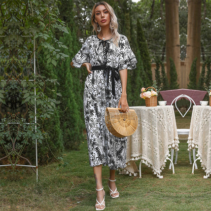 Plant Print A-Line Midi Dress with Flutter Sleeves and Tie Waist