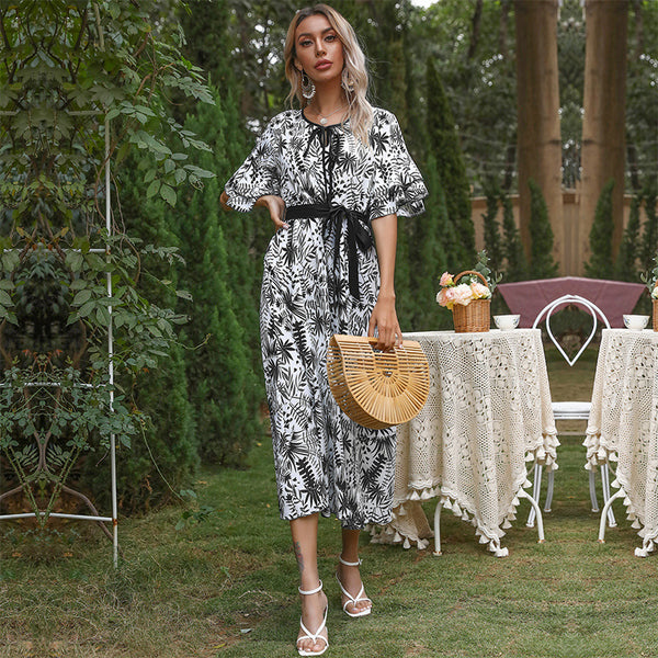 Plant Print A-Line Midi Dress with Flutter Sleeves and Tie Waist
