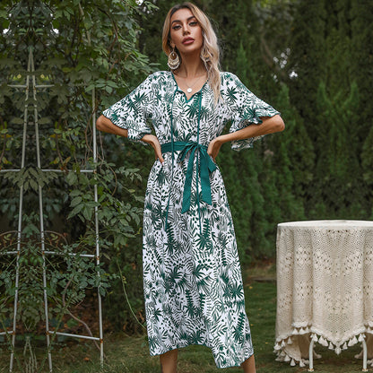 Plant Print A-Line Midi Dress with Flutter Sleeves and Tie Waist