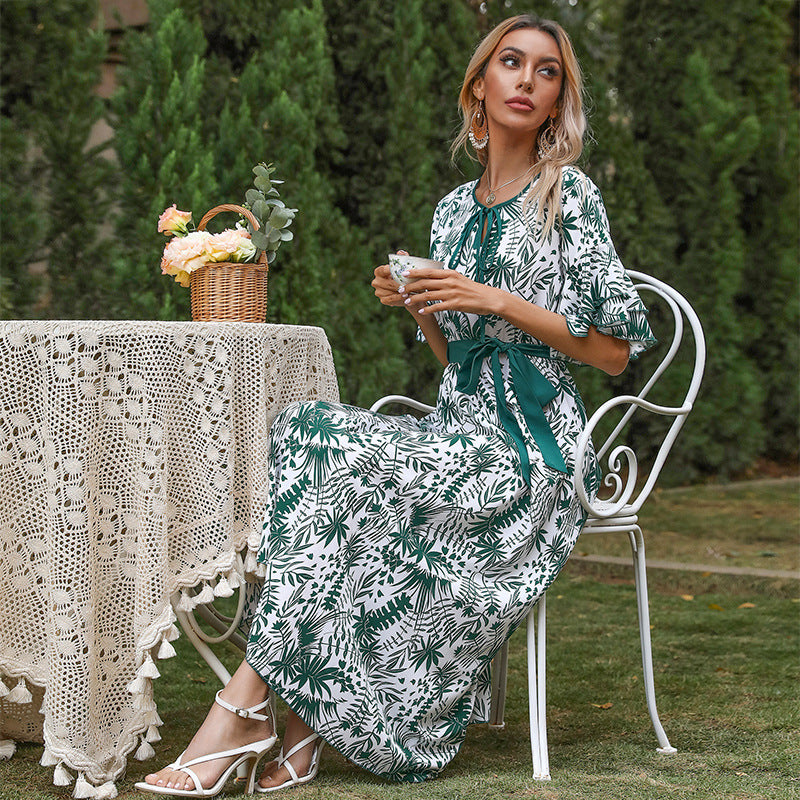 Plant Print A-Line Midi Dress with Flutter Sleeves and Tie Waist