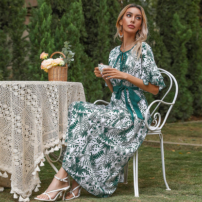 Plant Print A-Line Midi Dress with Flutter Sleeves and Tie Waist
