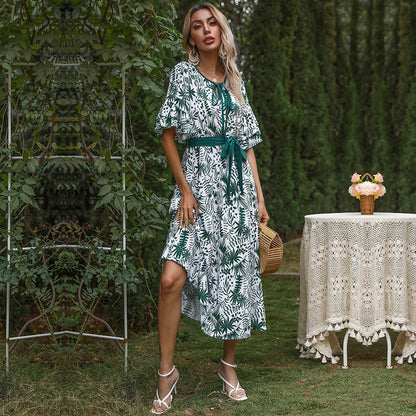 Plant Print A-Line Midi Dress with Flutter Sleeves and Tie Waist