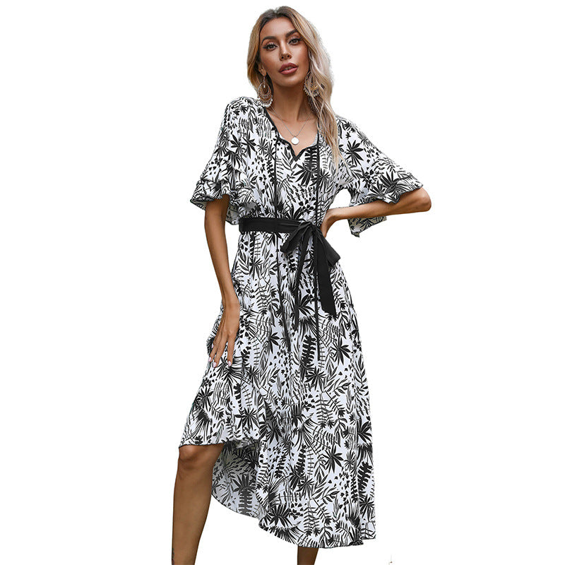 Plant Print A-Line Midi Dress with Flutter Sleeves and Tie Waist