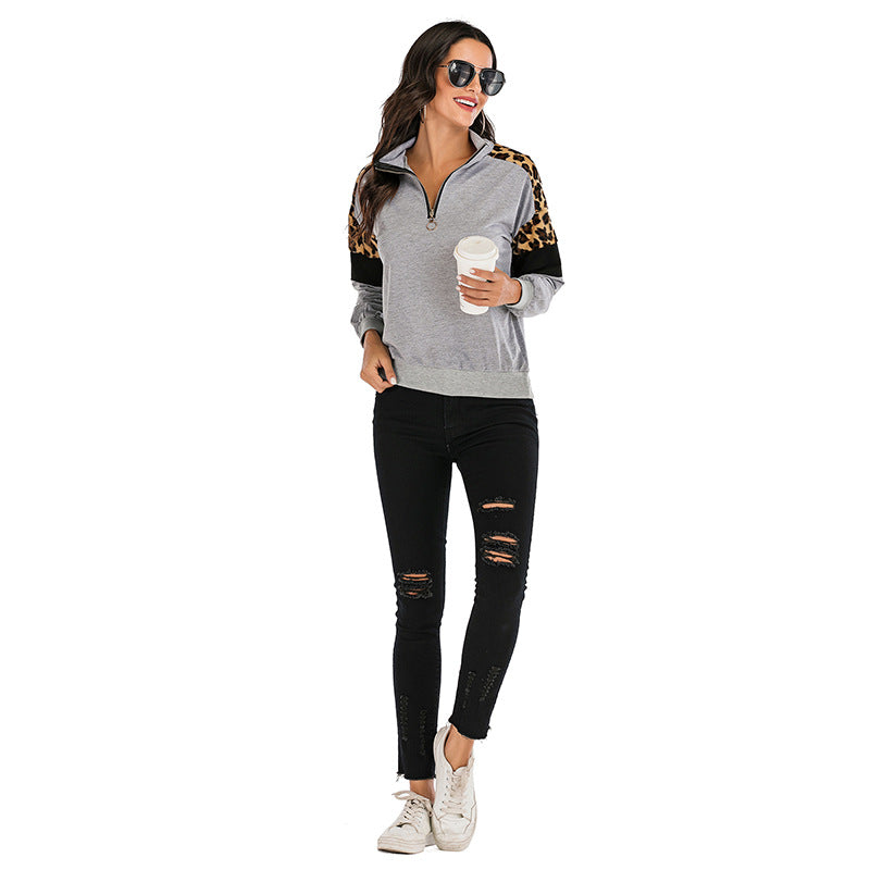 Quarter-Zip Color-Block Sweatshirt with Leopard Print