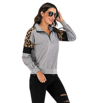 Quarter-Zip Color-Block Sweatshirt with Leopard Print