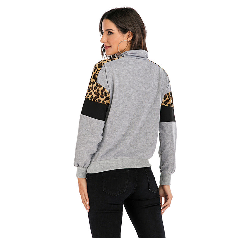 Quarter-Zip Color-Block Sweatshirt with Leopard Print
