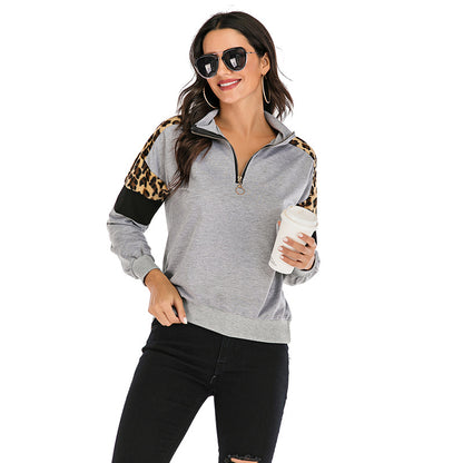 Quarter-Zip Color-Block Sweatshirt with Leopard Print
