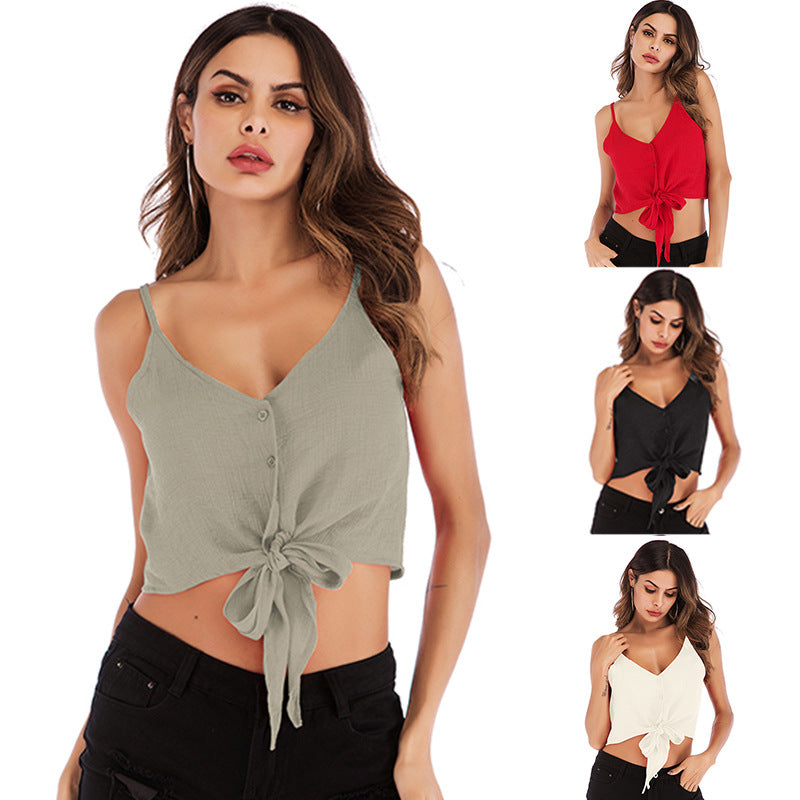 Solid Cropped Camisole with Button Front and Tie Detail