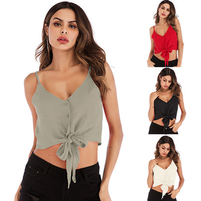 Solid Cropped Camisole with Button Front and Tie Detail