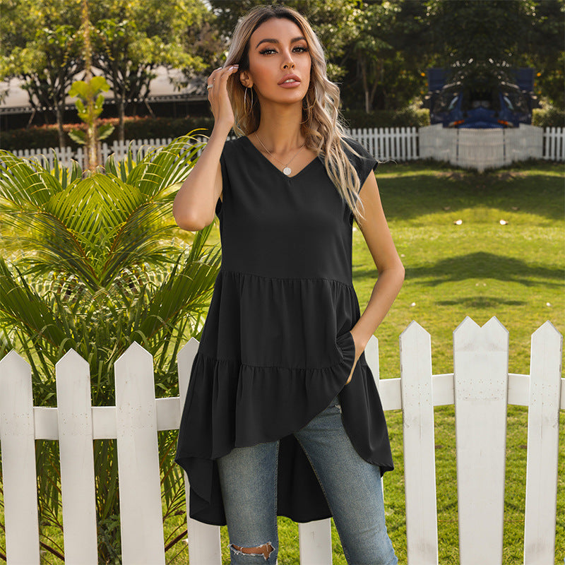 Sleeveless Tiered Dress with V-Neck and Ruffled High-Low Hem