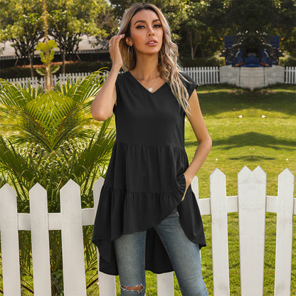 Sleeveless Tiered Dress with V-Neck and Ruffled High-Low Hem