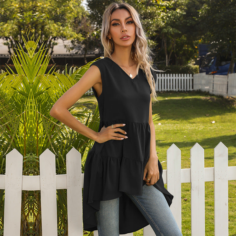 Sleeveless Tiered Dress with V-Neck and Ruffled High-Low Hem